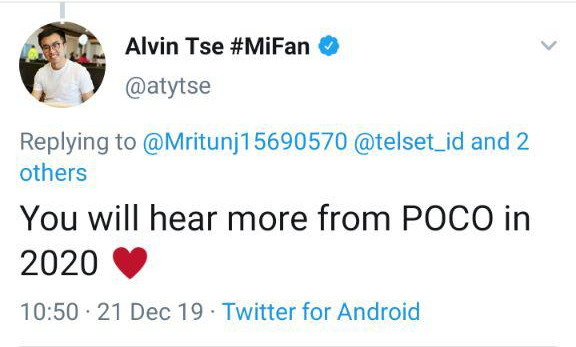 Poco F2, Tweet, Twitter, Alvin Tse, Pocophone Global Head